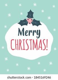 greeting card with holly berry, vector christmas illustration, flat design