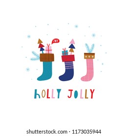 Greeting card: Holly Jolly . Creative hand drawn card for winter holidays with Christmas stocking. Vector cartoon illustration. Hand drawn typography poster. Xmas design. Pink and gray.