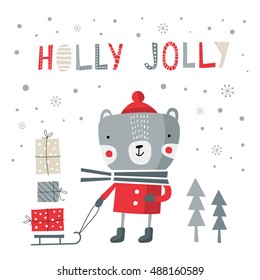Greeting card: Holly Jolly. Creative hand drawn card with cute bear and gifts. Vector cartoon illustration. Hand drawn typography poster. Xmas design. Card for winter holidays.