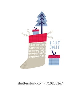 Greeting card: Holly Jolly. Creative hand drawn card for winter holidays with Christmas stocking and gift. Vector cartoon illustration. Hand drawn typography poster. Xmas design. Pink and blue
