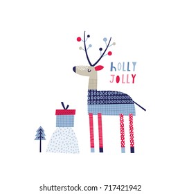 Greeting card: holly jolly. Creative hand drawn card for winter holidays with cute deer. Vector cartoon illustration. Hand drawn typography poster. Xmas design. Pink and blue