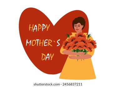 Greeting card, horizontal banner for Mother's Day. Young woman with a bouquet of red poppies and the inscription - Happy Mother's Day inside a red heart, vector illustration