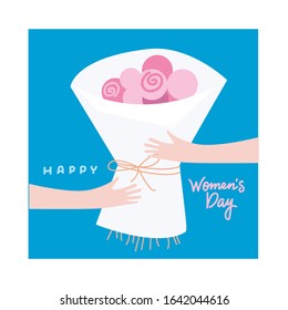 Greeting card with human female hands holding big bunch, bouquet of abstract rose flowers. Happy Women's day text lettreing. Wector illustration, valentine, 8 march postcard design for banner, poster.