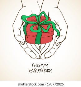 Greeting card with human hands holding a gift