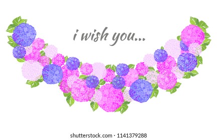 Greeting card with hydrangea flovers half elipse inside. For Wedding mockups and other celebrations