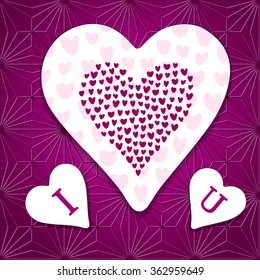 Greeting card "I love u", sticker with pattern of many little hearts on geometric background