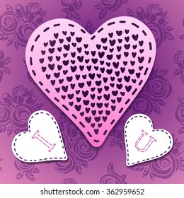 Greeting card "I love u", sticker with pattern of many little hearts on background of roses