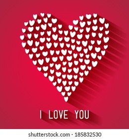 Greeting card "I love you", pattern of many little hearts in the shape of heart with shadows