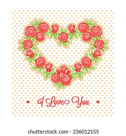 Greeting card "I love you" with heart of roses on a white background with polka dots