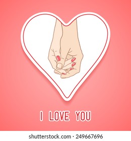 Greeting card "I love you", sticker heart with holding hands couple man and woman (white skin)