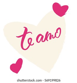 Greeting card "I love you" at Spanish (Te amo). Vector illustration with hearts. Lettering for wedding or Valentine's day