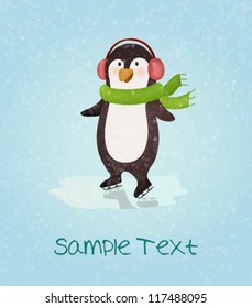 Greeting card with an ice skating penguin