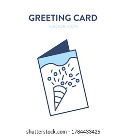 Icono de tarjeta de felicitación. Ilustración vectorial de una tarjeta de felicitación ligeramente abierta con la imagen de confeti en la portada. Icono de invitación de grupo de papel