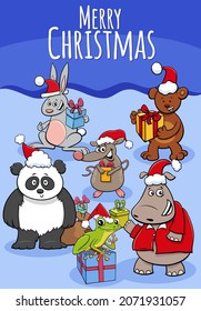 greeting card illustration with cartoon animal characters on Christmas time