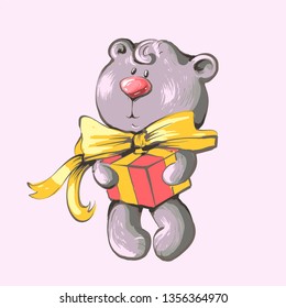 Greeting card illustration with cute baby Teddy Bear with gift box