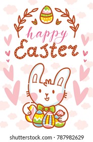 Greeting card Illustration with cute Easter Bunny with bow holding colored eggs and lettering, calligraphy text. Happy Easter. Hand drawn cute holiday art in vector cartoon style