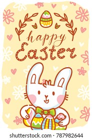Greeting card Illustration with cute Easter Bunny with bow holding colored eggs and lettering, calligraphy text. Happy Easter. Hand drawn cute holiday art in vector cartoon style