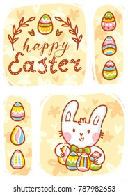 Greeting card Illustration with cute Easter Bunny with bow holding colored eggs and lettering, calligraphy text. Happy Easter. Hand drawn cute holiday art in vector cartoon style