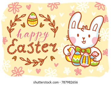 Greeting card Illustration with cute Easter Bunny with bow holding colored eggs and lettering, calligraphy text. Happy Easter. Hand drawn cute holiday art in vector cartoon style