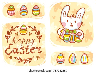 Greeting card Illustration with cute Easter Bunny with bow holding colored eggs and lettering, calligraphy text. Happy Easter. Hand drawn cute holiday art in vector cartoon style