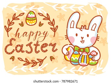 Greeting card Illustration with cute Easter Bunny with bow holding colored eggs and lettering, calligraphy text. Happy Easter. Hand drawn cute holiday art in vector cartoon style