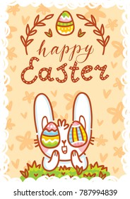 Greeting card Illustration with cute Easter Bunny with colored eggs as eyes and lettering, calligraphy text. Happy Easter. Hand drawn holiday art in vector cartoon style