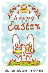Greeting card Illustration with cute Easter Bunny with colored eggs as eyes and lettering, calligraphy text. Happy Easter. Hand drawn holiday art in vector cartoon style