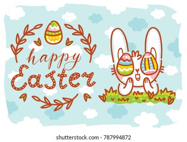 Greeting card Illustration with cute Easter Bunny with colored eggs as eyes and lettering, calligraphy text. Happy Easter. Hand drawn holiday art in vector cartoon style