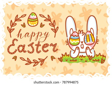 Greeting card Illustration with cute Easter Bunny with colored eggs as eyes and lettering, calligraphy text. Happy Easter. Hand drawn holiday art in vector cartoon style