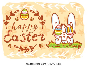 Greeting card Illustration with cute Easter Bunny with colored eggs as eyes and lettering, calligraphy text. Happy Easter. Hand drawn holiday art in vector cartoon style