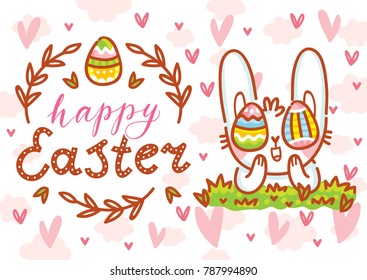 Greeting card Illustration with cute Easter Bunny with colored eggs as eyes and lettering, calligraphy text. Happy Easter. Hand drawn holiday art in vector cartoon style