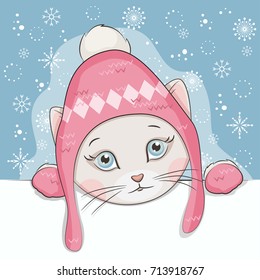 Greeting card with illustration of cute kitten .Its is wearing a knitted hat and mittens with ornament. Hand drawing