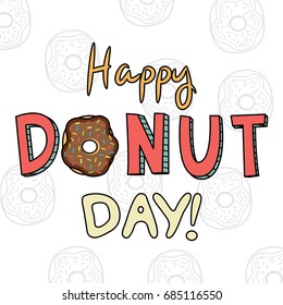 Greeting card illustration decorated with text that says Happy Donut Day