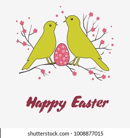 Greeting card or illustration for Easter with two birds and eggs on the blooming tree branch