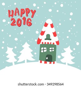 Greeting card. Illustration of house on a snowy background.