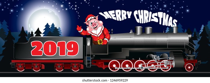 greeting card of a illustration of pig in clothing Santa Claus on a steam locomotive with congratulation "Merry Christmas" in the form of smoke