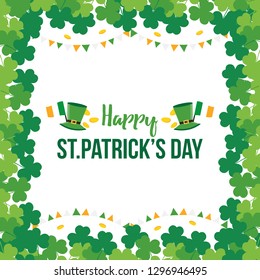 Greeting card, illustration for St.Patrick's Day, national holiday in Ireland with shamrock, clover leaves, irish flags and leprechaun hats.
