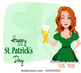Greeting card illustration. Vector design icon on Saint Patrick's Day character girl leprechaun with beer