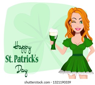 Greeting card illustration. Vector design icon on Saint Patrick's Day character girl leprechaun with beer