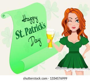 Greeting card illustration. Vector design icon on Saint Patrick's Day character girl leprechaun with beer