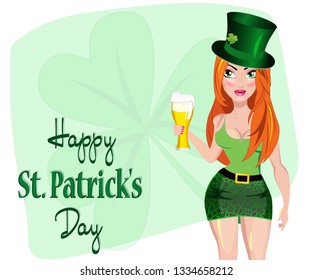 Greeting card illustration. Vector design icon on Saint Patrick's Day character girl leprechaun with beer