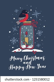 Greeting card with image of bullfinch; decorative candlestick with candle and snowflakes on blue background. Decorative composition for New Year and Christmas. Festive seasonal vector illustration.