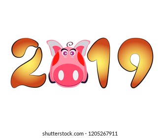 Greeting card with the image of a cartoon pink pig, the symbol of the Chinese New Year, on an isolated background. Vector illustration