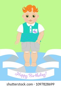 greeting card with the image of a cute, cute baby boy with red hair and a snub nose, can be used as a decoration of children's clothing and products and other design