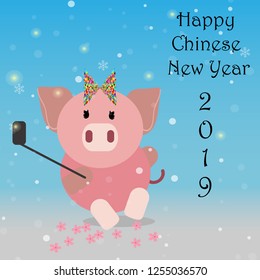 Greeting card image with a cute pig cartoon character taking self photography. Happy Chinese New Year 2019. Calligraphy hand written. Snow background.