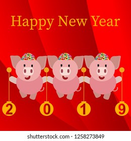 Greeting card image with cute pig cartoon characters representing good fortune for the New Year 2019. Happy Chinese New Year. Year of the Pig. Vector EPS 10.
