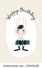 Greeting card with image cute rabbit playing accordion