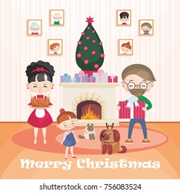 Greeting card with the image of the happy family celebrating Christmas. Vector illustration in cartoon style.