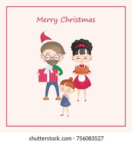 Greeting card with the image of the happy family celebrating Christmas. Vector illustration in cartoon style.