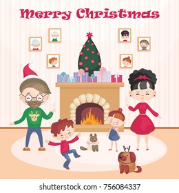 Greeting card with the image of the happy family celebrating Christmas. Vector illustration in cartoon style.
